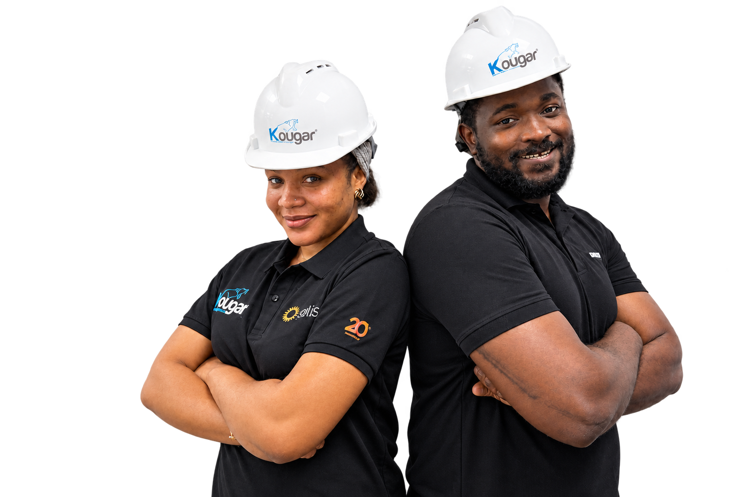 Two Kougar team members wearing branded white safety helmets